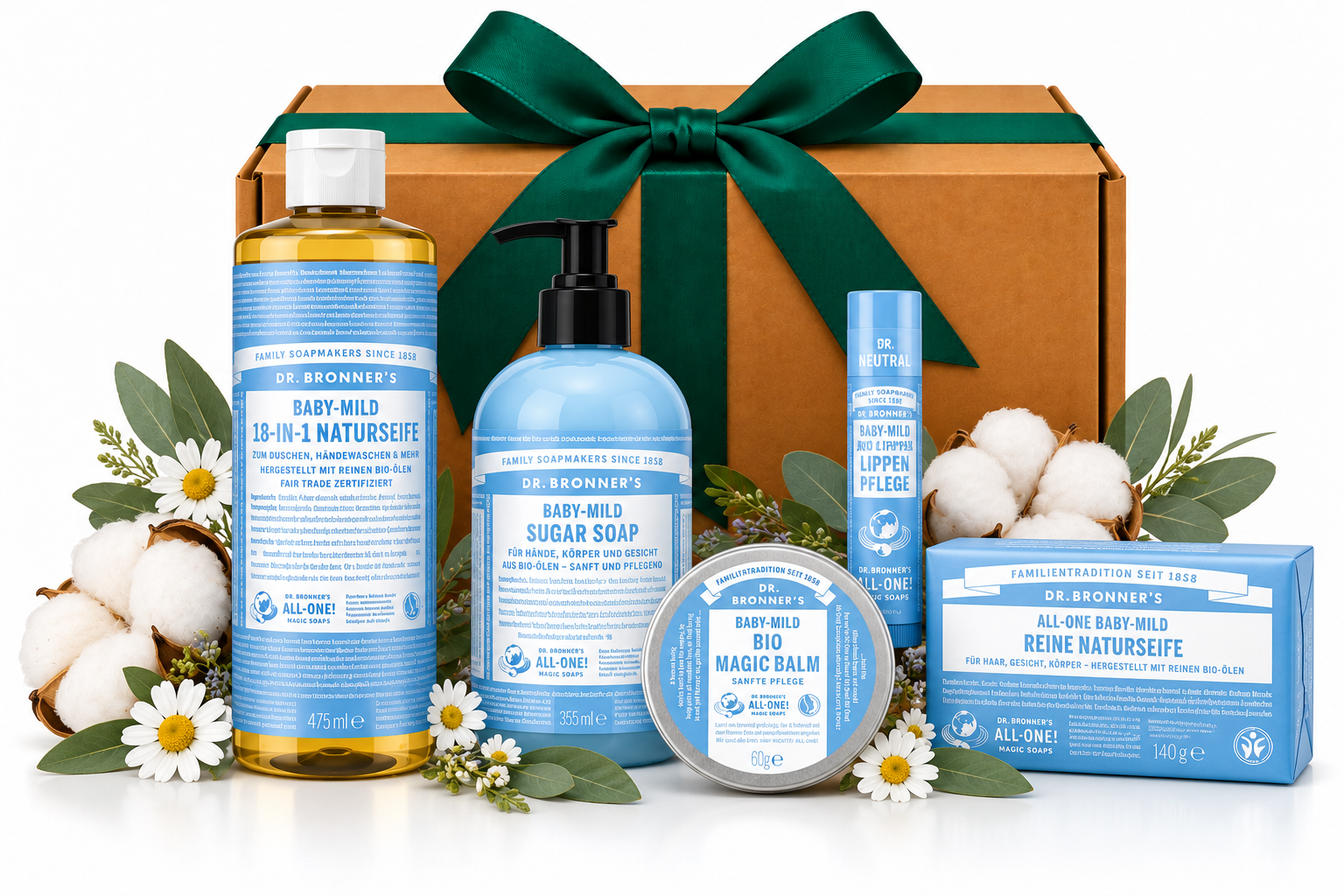 BABYGLÜCK Baby Geschenkset mit fünf duftstofffreien Dr. Bronner's Baby-Mild Pflegeprodukten