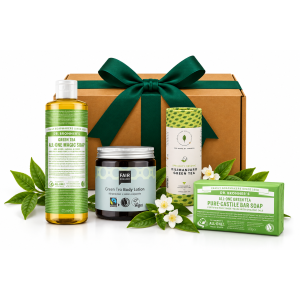 GRÜNTEE MAGIE Geschenkset mit Bio-Grüntee, FAIR SQUARED Body Lotion und Dr. Bronner's Seifen