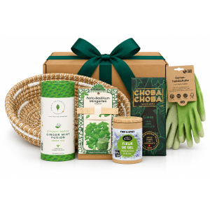 Nachhaltiges Geschenkset Alles im grünen Bereich mit Grüntee, Schokolade, Basilikum-Anzuchtset, Kräutersalz, Gartenhandschuhen und Flechtkorb.