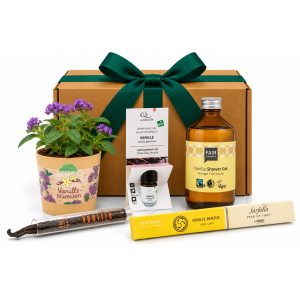Vanille Geschenkset Vanilla Dream mit FAIR SQUARED Duschgel, aromalife Vanilleöl, FAIRcense Räucherstäbchen, echten Vanilleschoten und Vanilleblümchen-Anzuchtset.