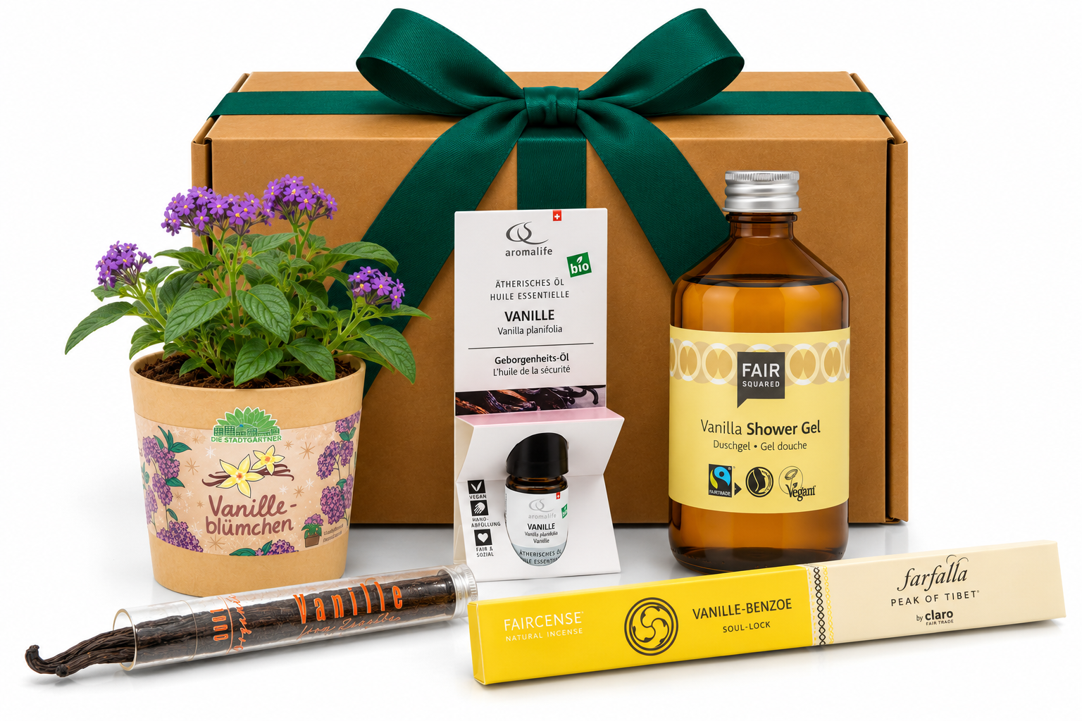 Vanille Geschenkset Vanilla Dream mit FAIR SQUARED Duschgel, aromalife Vanilleöl, FAIRcense Räucherstäbchen, echten Vanilleschoten und Vanilleblümchen-Anzuchtset.
