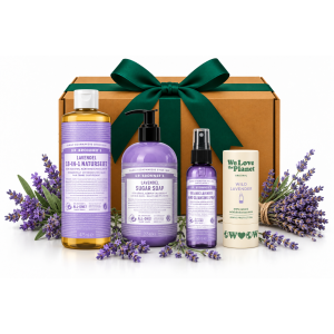 Lavendel Geschenkset mit Dr. Bronner's Naturseife, Sugar Soap, Handhygiene-Spray und We Love The Planet Deo