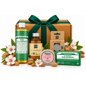 MANDELVOLL LIEBE Mandel Geschenkset mit fünf Pflegeprodukten von Dr. Bronner's, FAIR SQUARED und We Love The Planet