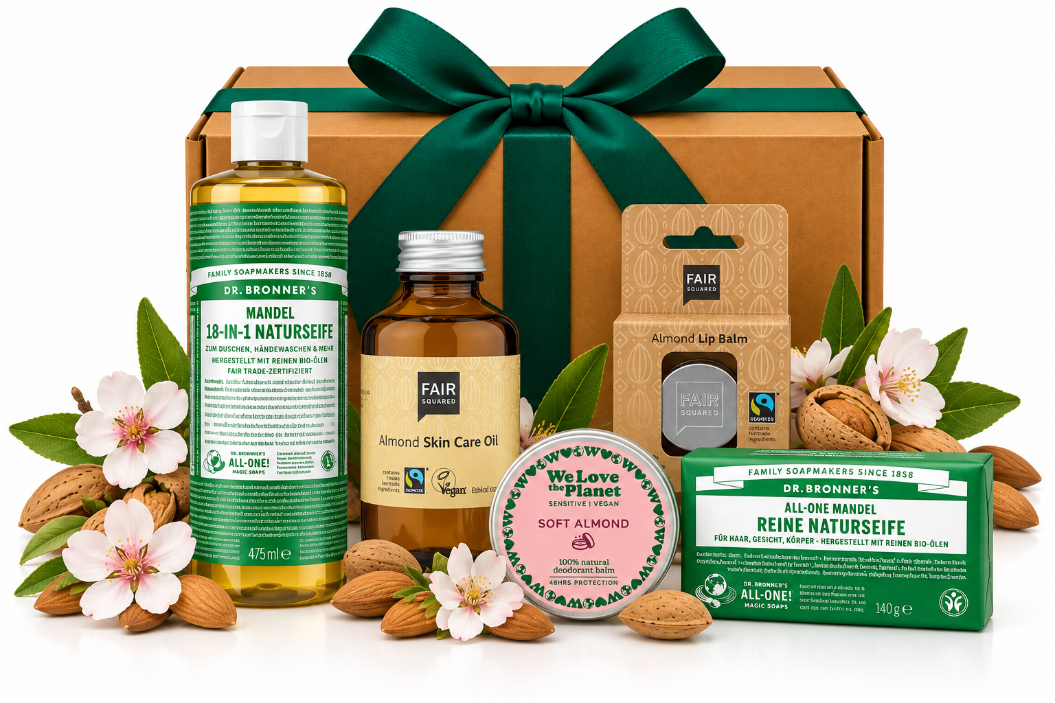 MANDELVOLL LIEBE Mandel Geschenkset mit fünf Pflegeprodukten von Dr. Bronner's, FAIR SQUARED und We Love The Planet
